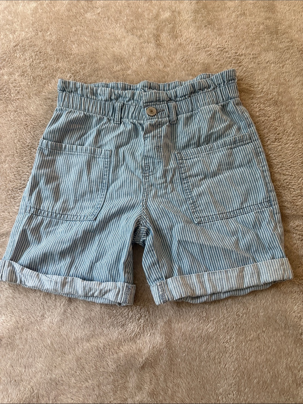 Blue and White Pinstripe Rolled Hem Shorts